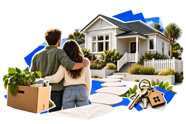 A couple considering their first home, with moving boxes and keys